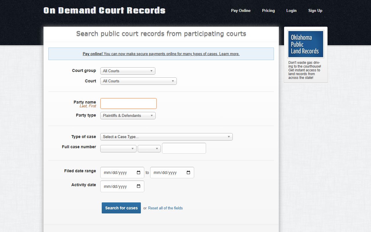 Latimer County court records search fields on ODCR after jail arrest