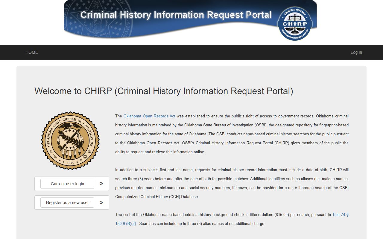 OSBI CHIRP portal for Latimer County court records after arrest background checks
